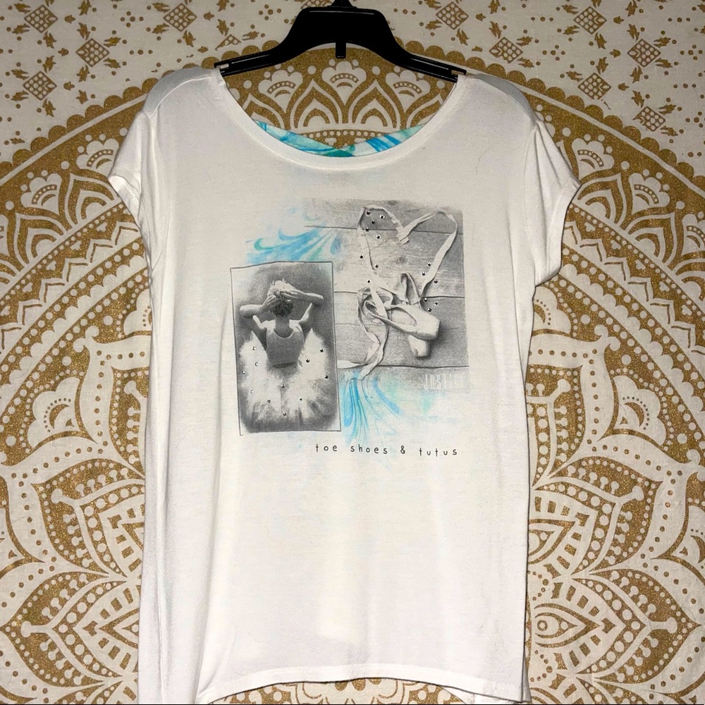 “JUSTICE” ACTIVE DANCE GIRLS WHITE FLOWY TOP…TOE SHOES & TUTU’S QUOTE, SIZE 8